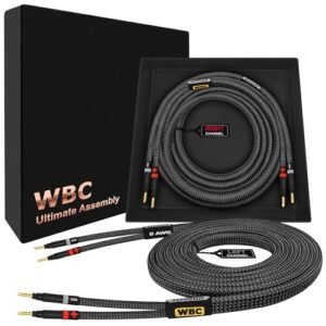 WORLDS BEST CABLES Cabo de alto-falante audiófilo HiFi premium de 3,5 m - 8 AWG - Ultra-Pure OFC - Par com plugues banana dourados Eminence e jaqueta de tweed de carbono (Equipamentos)