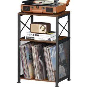 LELELINKY Mesa de canto de 3 níveis, suporte para toca-discos comporta até 100 álbuns, suporte de armazenamento de discos de vinil marrom, suporte para toca-discos com prateleira de exibição para (Equipamentos)
