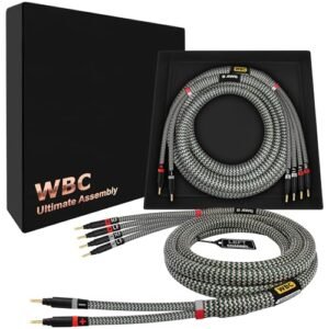 WORLDS BEST CABLES 8 pés Ultimate - 9 AWG - Ultra-Pure OFC - Cabo de alto-falante audiófilo HiFi Bi-Wire Premium par com plugues banana dourado Eminence e jaqueta de tweed StlGrn (Equipamentos)