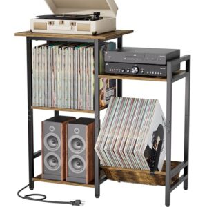 HYPIGO Suporte para toca-discos com tomadas, suporte para toca-discos com armazenamento de discos de vinil, comporta mais de 300 álbuns, mesa de toca-discos com suporte de exibição de vinil para sala (Equipamentos)