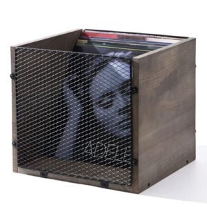 Sanmatin Caixa de armazenamento de discos de vinil, prateleira de porta-discos - Organizador LP vintage resistente para mais de 80 discos, caixa de vinil de malha de metal empilhável (cinza retrô, 2) (Equipamentos)