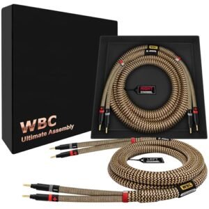 WORLDS BEST CABLES 8 pés Ultimate - 9 AWG - Ultra-Pure OFC - Cabo de alto-falante audiófilo HiFi Premium, par com plugues banana dourado Eminence e jaqueta TnBrwn Tweed (Equipamentos)