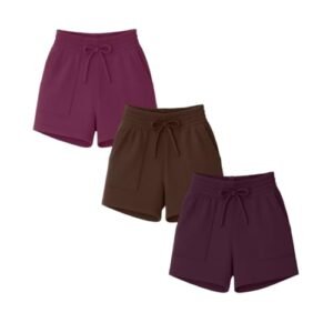 Short Moletinho Feminino Acinturado Kit 3 Tamanho Único Cós com Elástico Barra a Fio Cores Variadas e Conforto (Vinho, Marrom e Rosa Choque, G) (Vinhos)