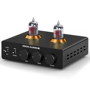 Douk Audio Pré-amplificador Phono P7: pré-amplificador de mesa giratória de tubo ECC83 com saída XLR equilibrada, filtro passa-alta, controle de graves e agudos, bypass para leitor de discos MM (Equipamentos)