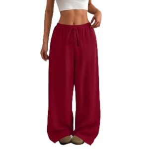 Calça feminina de perna larga, cintura alta, casual, cordão, palazzo, folgada, calça de moletom com bolsos, Vinho tinto, GG (Vinhos)