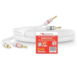 Nakamichi Série Excel Plugue Banana 24k com Cabo de Alto-Falante Cobre Livre de Oxigênio (OFC) 99,9% Trançado Reforçado para Amplificador Hi-Fi Home Theater – Branco (12 AWG / 3 Pés / 0,9 m) (Equipamentos)