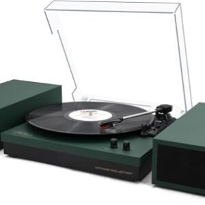 LP&No.1 Leitor de discos com alto-falantes estéreos, toca-discos vintage de 3 velocidades, entrada sem fio, saída RCA, função de parada automática | Verde escuro (Equipamentos)