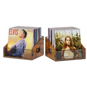 Yuzehuaza Pacote com 2 unidades de armazenamento de discos de vinil, caixa de disco com alça, suporte para discos de vinil, caixa de disco de metal e madeira para mesa, fácil de montar (Equipamentos)