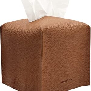 Carrot's Den Caixa de lenços com cinto inferior organizador decorativo de couro sintético para banheiro, carro, escritório | Camelo, quadrado (CDs)