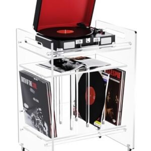 Suporte para toca-discos de acrílico com prateleira de armazenamento, suporte para toca-discos de vinil transparente, mesa lateral de 3 camadas com rodas (grande transparente) (Equipamentos)