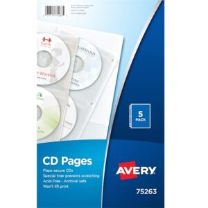 Avery Compartimento transparente para armazenamento de DVD para fichário de 3 anéis, dois lados, pacote com 5 comporta 20 CD/DVDs no total (75263) (CDs)