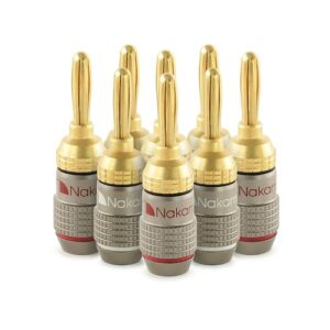 Nakamichi Série Excel FanLock Conector Banana 4 mm Banhado a Ouro 24k, Para Cabos 10–18 AWG, Alto-Falantes, Amplificadores, Hi-Fi, Estéreo e Home Theater, Conector Rápido, 8 Peças (4-Pares) (Equipamentos)