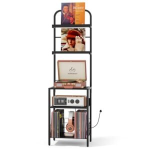 Homsorout Suporte para toca-discos com armazenamento de vinil – mesa giratória de 5 camadas com tomada, pés ajustáveis, armário de metal e madeira – Prateleira organizadora de console para sala de (Equipamentos)