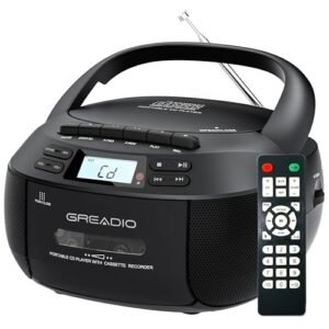 Greadio Kit de leitor de CD Boombox com leitor de cassete, visor LCD, rádio AM/FM, Bluetooth, som estéreo com controle remoto, gravação em fita, unidade AUX/USB, alimentação AC/DC, conector de fone de (CDs)