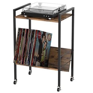 YBING Suporte para toca-discos de 2 níveis com prateleira de armazenamento pequena mesa de canto com prateleira de livros, mesa lateral com moldura de metal e rodas, marrom (Discos de Vinil)