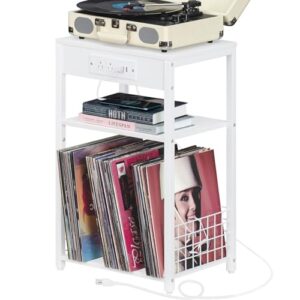 Mesa de canto de 3 níveis, suporte para toca-discos com armazenamento de até 100 álbuns, suporte de toca-discos para vinil, prateleira marrom para sala de estar e quarto (branco rústico) (Equipamentos)