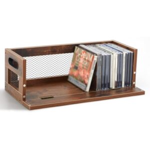 Jetec 1 conjunto de suporte de caixa de armazenamento de CD de metal e madeira, prateleiras de fita cassete com alças de transporte, prateleira organizadora para capas de filmes, DVDs, cada conjunto (CDs)