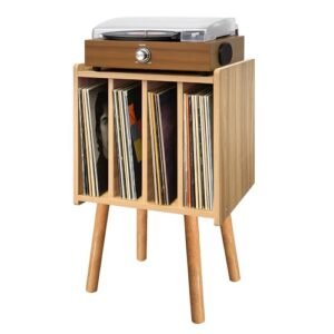 Suporte para toca-discos, mesa de armazenamento de discos de vinil com 4 armários, suporte moderno para toca-discos de meados do século, mesa organizadora de vinil para quarto, sala de estar, carvalho (Equipamentos)