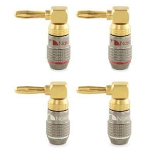 Nakamichi FanLock Série Excel plug banana em ângulo reto (90°), banhado a ouro 24k, 10 AWG–18 AWG, 4 mm, para caixas acústicas, amplificador Hi-Fi e home theater. Conector rápido, 4 Peças (2-Pares) (Equipamentos)