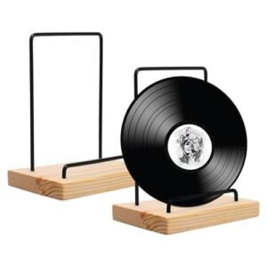 LCZNXJJY Suporte de armazenamento de discos de vinil, organizador de álbuns com suporte traseiro de metal e base de madeira maciça, suporte de exibição LP fácil de montar para discos de vinil preto (Equipamentos)