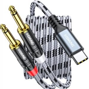 Cabo de áudio USB C para 1/10.2 cm de 2,5 m - Tipo C para cabo divisor duplo TS Mono Y de 6,35 mm, som DAC/Hi-Fi integrado, compatível com iPhone 15/16/17, Galaxy S25/S24, Pixel, conecte a AMP (Equipamentos)