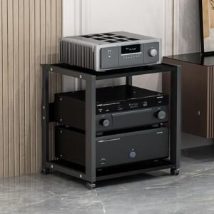 Armário estéreo para toca-discos – Suporte AV moderno, rack de CD, centro de entretenimento, organizador para componentes estéreo, design de canto, ideal para armazenamento de sala de estar (Equipamentos)