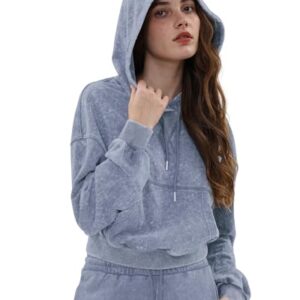 Xintianji Moletom feminino com capuz Aicd Wash manga longa pulôver desbotado vintage, Azul, M (CDs)