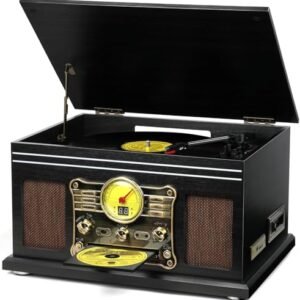 VEDO Toca-discos Bluetooth 10 em 1, toca-discos de vinil de 3 velocidades com alto-falantes, conversor de LP para MP3, CD, toca-fitas, rádio FM, streaming sem fio (preto) (Discos de Vinil)