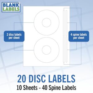 Etiqueta de CD/DVD Full Face | Quantidade de 20 discos, 40 lombadas | Total de 10 folhas | Fosco branco permanente | Compatível com impressora a jato de tinta e laser | Blank Labels (CDs)