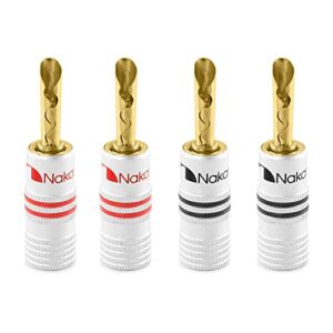 Nakamichi Série Excel Plugue Banana BFA Ouro 24k 12-18 AWG 4mm para Caixa Som Amplificador Hi-Fi AV Home Theater Cabo Áudio Conector Parafuso, 4 Peças (2 Pares) (Equipamentos)