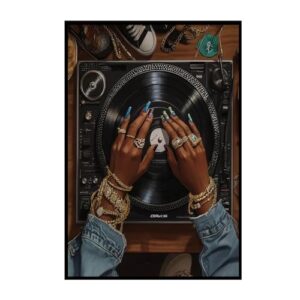 Arte de parede em tela de mulher negra: toca-discos vintage com disco de vinil, decoração de parede amante da música para quarto/sala de estar/dormitório, 40,6 x 61 cm sem moldura | Impressões de (Discos de Vinil)