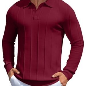 MioRoim Camisa polo masculina de malha casual de manga comprida suéter de malha canelada pulôver vintage de golfe, Vinho tinto, XGG (Vinhos)