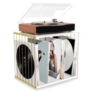 Suporte para toca-discos de 3 compartimentos com armazenamento de discos de vinil para mais de 100 LPs – Prateleira de discos multifuncional e porta-revistas, porta-discos para móveis que economizam (Equipamentos)