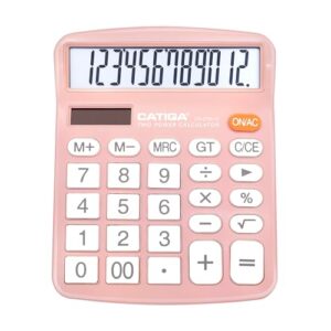 CATIGA Calculadora de mesa de 12 dígitos com tela LCD grande e botão sensível, energia solar dupla e bateria, função padrão para escritório, casa, escola, CD-2786 (rosa claro) (CDs)