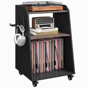 Rresyet Suporte para toca-discos de 47,5 cm com rodas, armário de mídia de vinil de 3 níveis sobre rodas com prateleiras abertas, divisórias de metal, ganchos de metal para sala de música, sala de (Equipamentos)