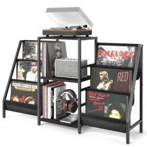 Suporte para toca-discos com armazenamento de vinil, mesa de toca-discos com armazenamento de discos de vinil de até 280 álbuns, suporte giratório com prateleira de exibição de suporte de disco (Equipamentos)