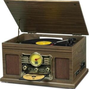 VEDO Toca-discos Bluetooth 10 em 1, toca-discos de vinil de 3 velocidades com alto-falantes, conversor de LP para MP3, CD, toca-fitas, rádio FM, streaming sem fio (cor de grão de madeira escura) (Discos de Vinil)