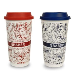 NBABSR Canecas de viagem grandes de cerâmica com tampa - Copos de café portáteis de 590 ml de altura Porcelana extragrande com pintura de paisagem - Copos de acampamento com isolamento reutilizável (Cervejas)