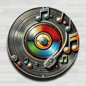 Disco de vinil colorido com notas musicais vintage rústico alumínio metal placa de parede redonda, 20 cm presentes internos e externos e decoração para casa, escritório, café e quintal (Discos de Vinil)