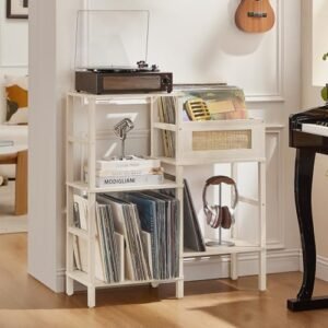 LELELINKY Suporte para toca-discos, suporte de madeira de carvalho branco creme com armazenamento de vinil, comporta até mais de 300 álbuns, mesa de mídia de vime de 3 camadas com prateleira de (Equipamentos)