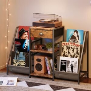 Suporte para toca-discos com gaveta, mesa de toca-discos com armazenamento de discos de vinil de até 280 álbuns, suporte giratório com prateleira de exibição, armário de gravação para áudio estéreo de (Equipamentos)