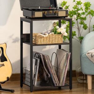 Mesa de canto de 3 níveis, suporte para toca-discos com armazenamento de até 100 álbuns, suporte para toca-discos de vinil, prateleira marrom para sala de estar e quarto (cinza escuro) (Equipamentos)