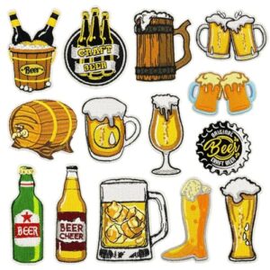 14 peças de adesivos de ferro de cerveja, Oktoberfest German Bavarian Munich Festival Whiskey Cheers Caneca de vidro garrafa de vidro bebida alcoólica costurar em reparo, mochilas com apliques (Cervejas)