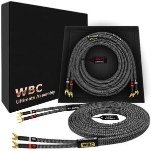 WORLDS BEST CABLES 15 pés Ultimate - 12 AWG - Ultra-Pure OFC - Cabo de alto-falante audiófilo HiFi Premium, par com plugues Eminence Spade e jaqueta de tweed de carbono (Equipamentos)