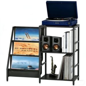 Kyafal Suporte para toca-discos, suporte para toca-discos com armazenamento de discos de vinil, mesa de canto para LP, mesa de canto marrom para sala de música, armário de gravação para som de mídia (Equipamentos)