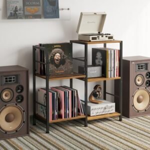 Suporte para toca-discos, armazenamento de discos de vinil até mais de 300 álbuns, suporte de mesa lateral de 5 níveis com armário de armazenamento, suporte de disco e mesa organizadora de vinil para (Equipamentos)