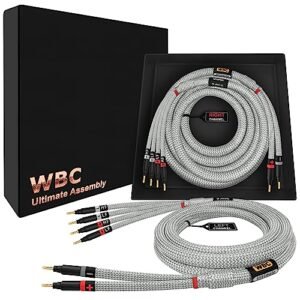 WORLDS BEST CABLES Cabo de alto-falante bi-wire de 1,8 m Ultimate - 9 AWG - Ultra-Pure OFC - Par de cabos de alto-falante audiófilo HiFi premium com plugues banana dourados Eminence e jaqueta de tweed (Equipamentos)