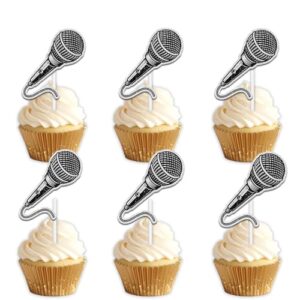 18pcs Glitter Black Retro Microphone Cupcake Topper Cheer to Karaoke Musical Lover Host Theme Anniversary Party Decoration for Men Women Happy Birthday Decor Supplies (CDs)