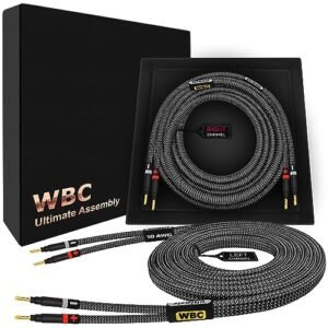 WORLDS BEST CABLES Cabo de alto-falante HiFi Audiófilo Premium 10 AWG - Ultra-Pure OFC - Par de cabos audiófilos HiFi Eminence Gold Banana e Jaqueta de Tweed de Carbono (Equipamentos)