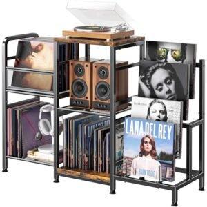 POKIPO Suporte para toca-discos com armazenamento de vinil, suporte para toca-discos comporta até mais de 300 álbuns, mesa de toca-discos de 3 níveis com suporte de exibição de 4 níveis, moldura de (Equipamentos)